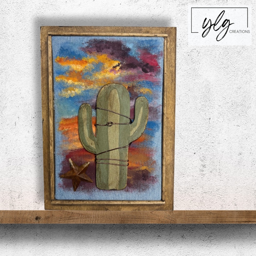 Mixed Media Wall Art Saguaro Cactus Scene Sunset Stars Desert Southwest 6 x 8